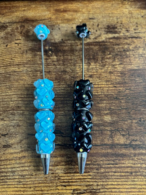 Blue and Black Heart and Rhinestone pens for DIY Beadable Pens