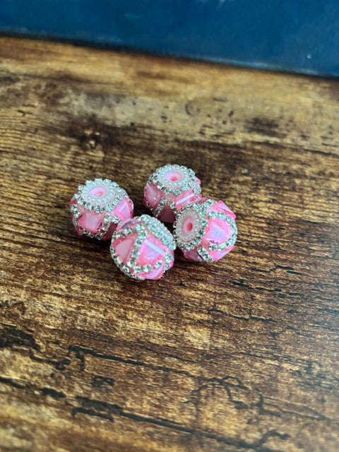 Glitter pink crystal beads with rhinestones